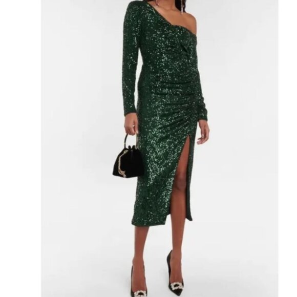 NWT Self-Portrait | Green Stretch Sequin Asymmetric Midi Dress - Picture 1 of 10